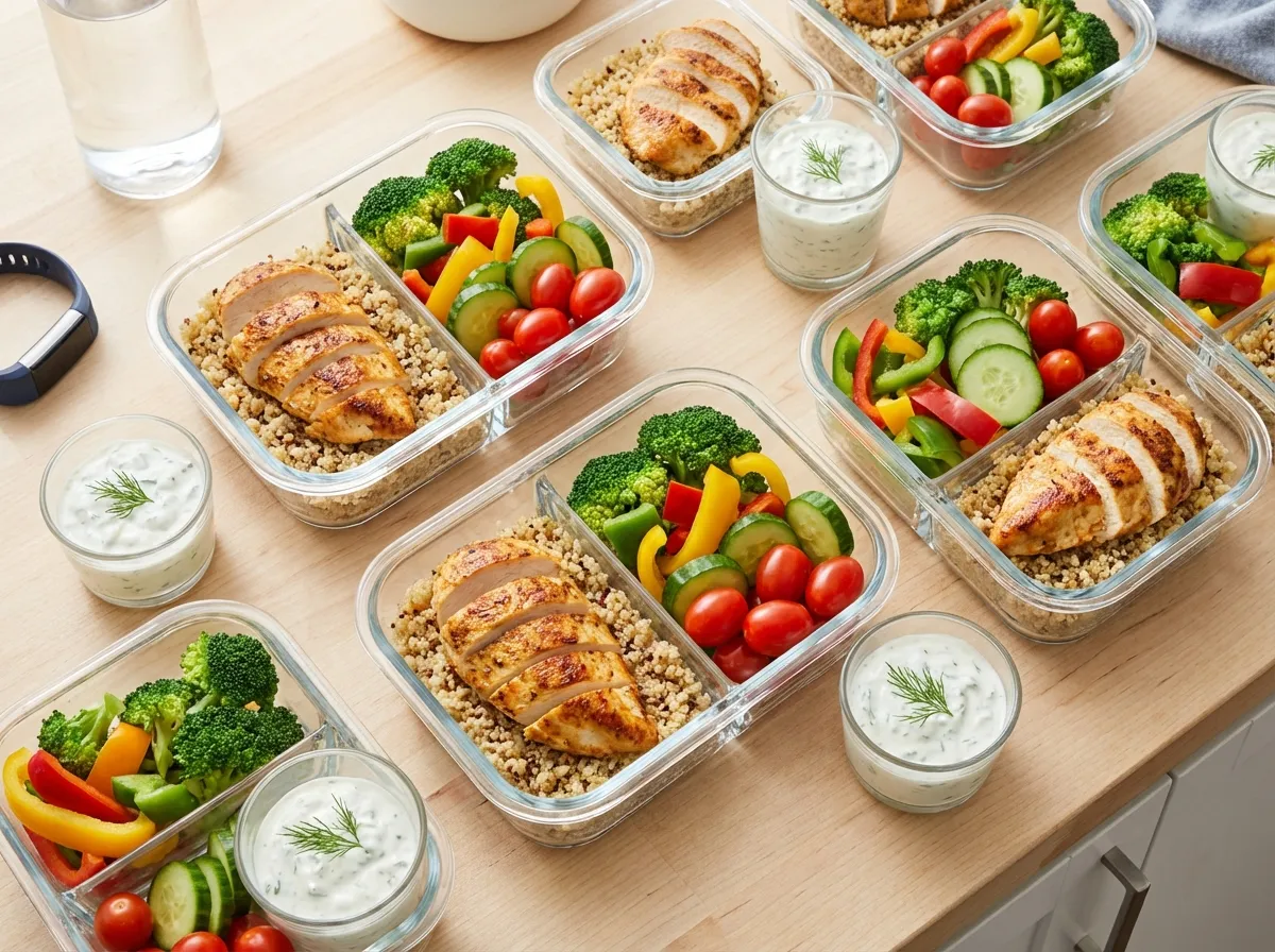 Glass meal prep containers showing compartmentalized Greek chicken ingredients to prevent sogginess.