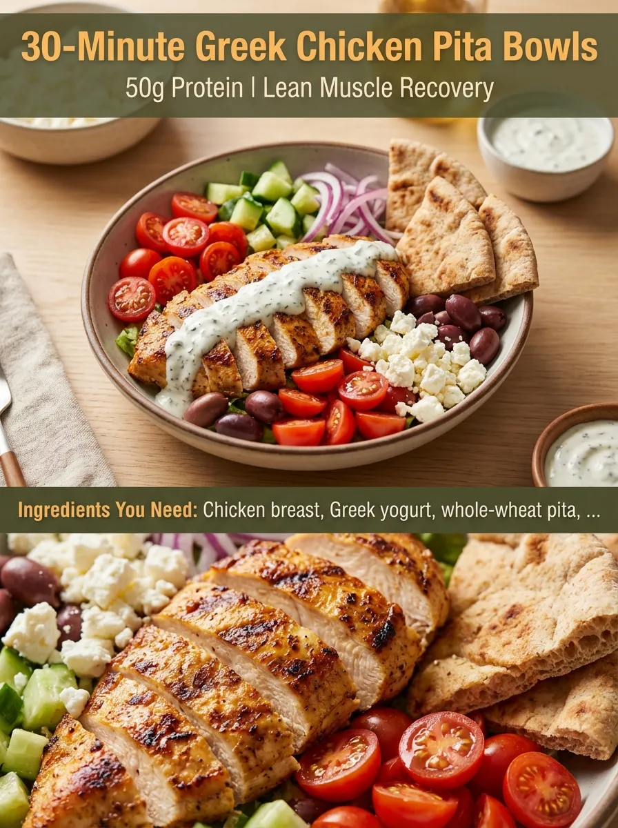 Vertical Pinterest pin for 30-Minute Greek Chicken Pita Bowls with 50g protein headline.