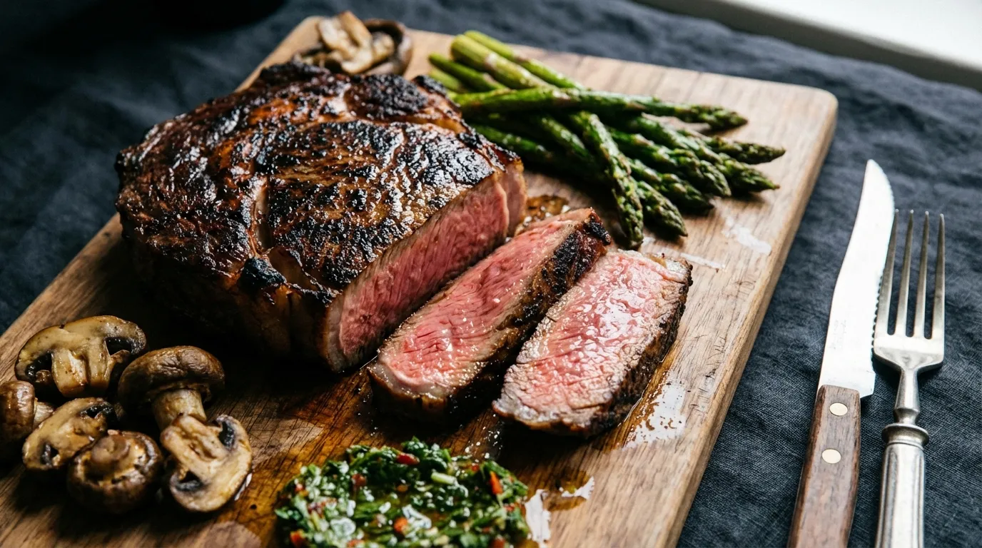 Close-up of a seared flank steak with a deep brown crust and pink juicy center, served with roasted sweet potatoes.