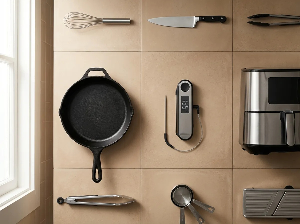 A heavy cast iron skillet, a digital probe thermometer, and a modern air fryer arranged on a clean kitchen counter.