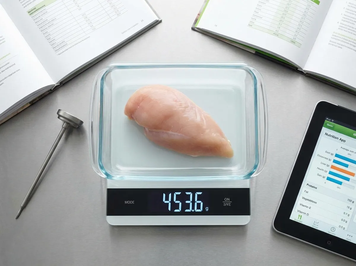 A digital food scale showing exactly 200 grams of raw chicken breast on a clean surface.