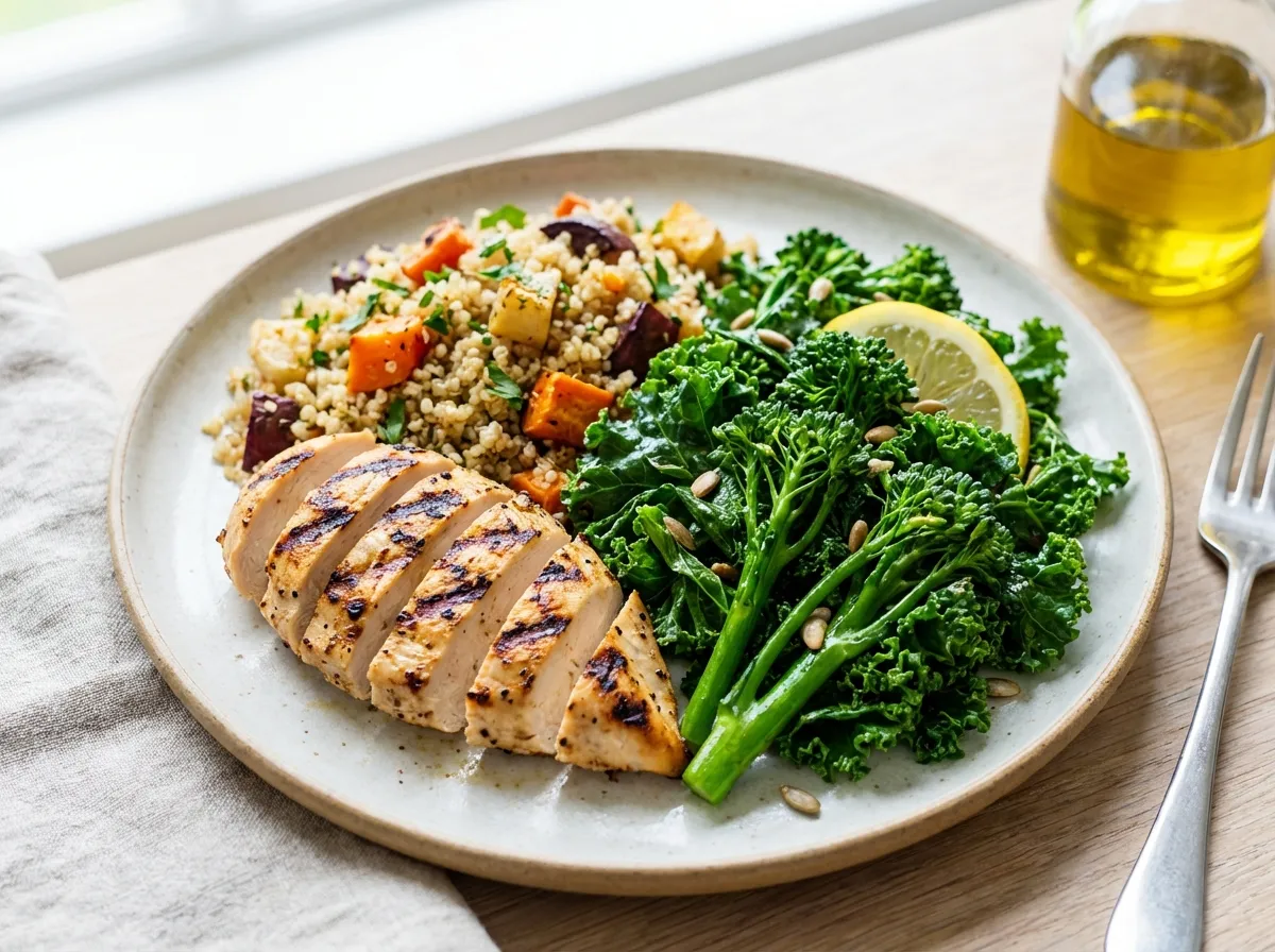 A balanced plate featuring grilled chicken, quinoa, and steamed broccoli, illustrating optimal macro ratios.