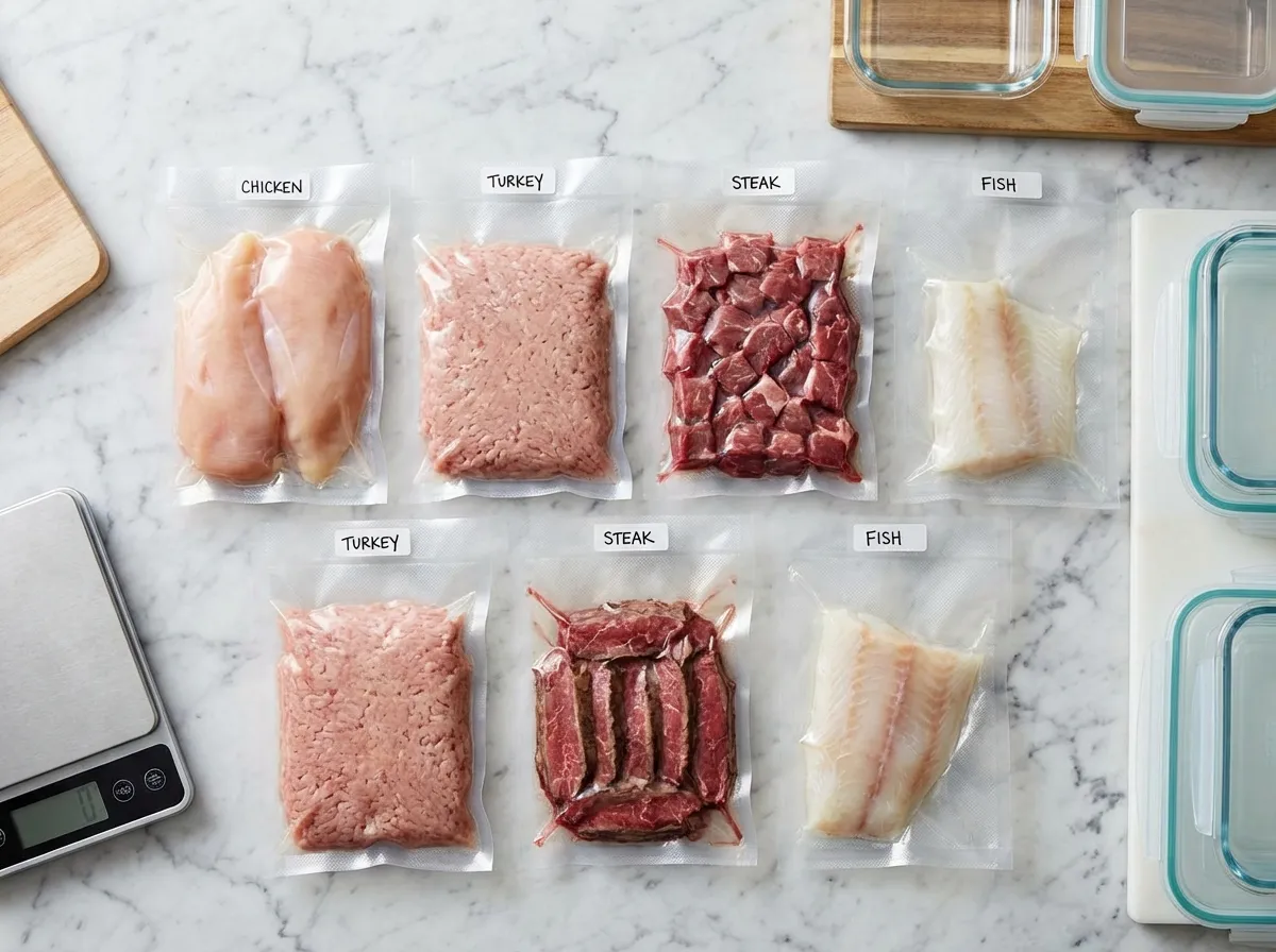 Seven clear bags of pre-portioned raw proteins including beef, chicken, and fish, arranged neatly for the week.