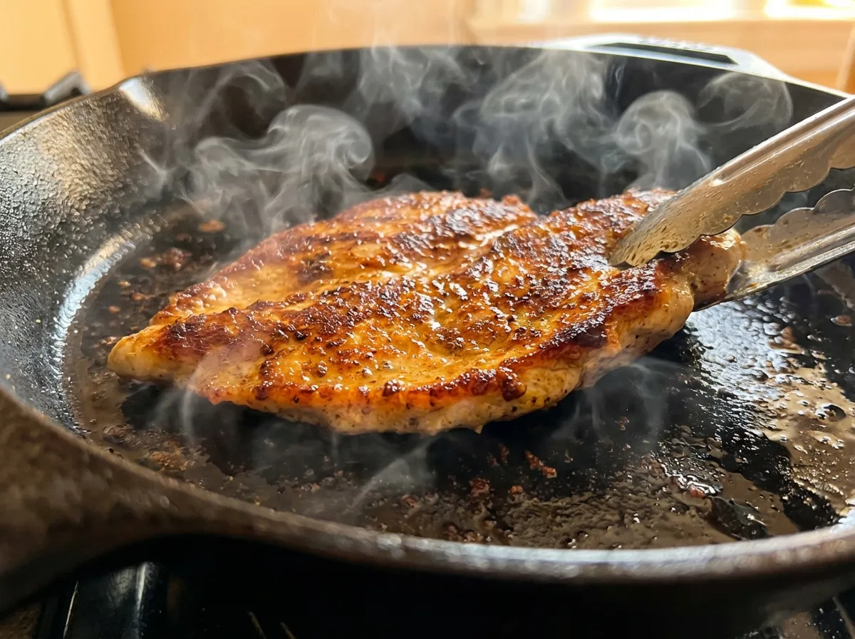 A butterflied chicken breast searing in a hot skillet with visible golden-brown Maillard reaction crust.