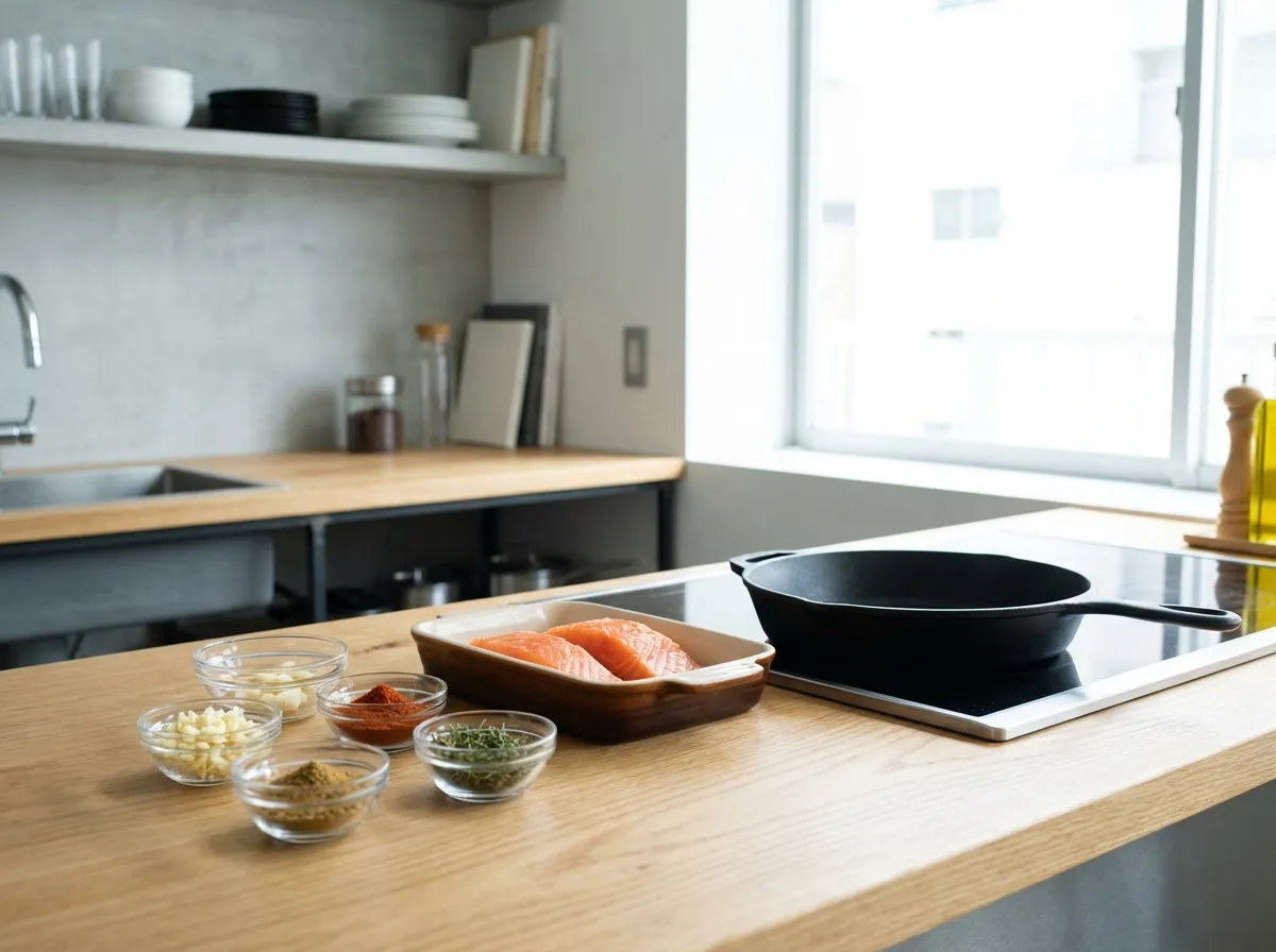 An organized kitchen counter with prepped ingredients in small bowls next to a hot pan, showing mise en place.