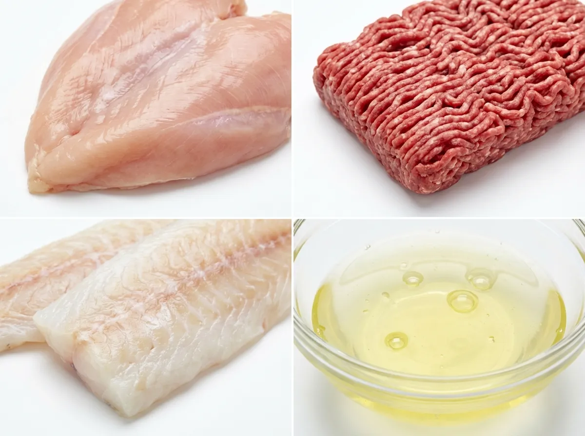 A four-quadrant image showing butterflied chicken, ground beef, white fish, and egg whites.