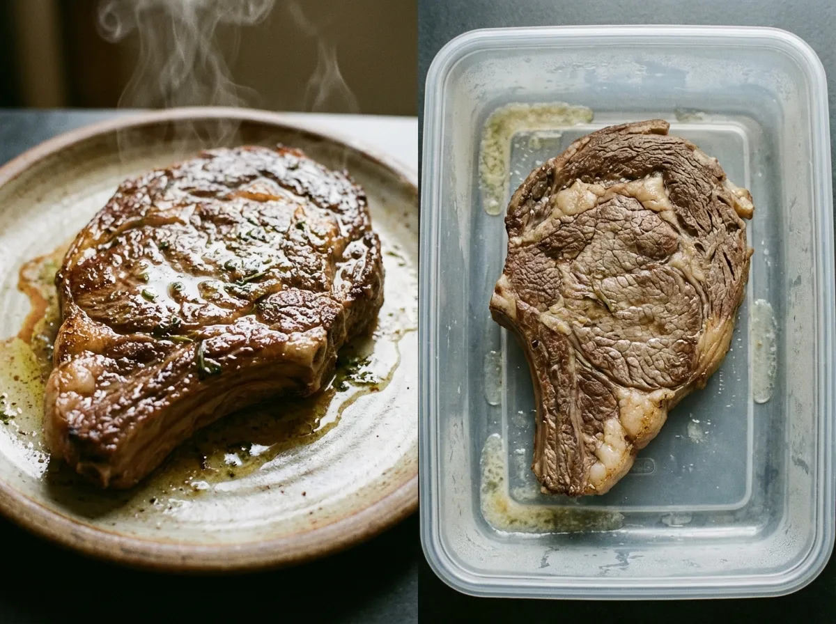 A side-by-side comparison of a juicy fresh-cooked steak and a dry, cold steak in a plastic meal prep container.