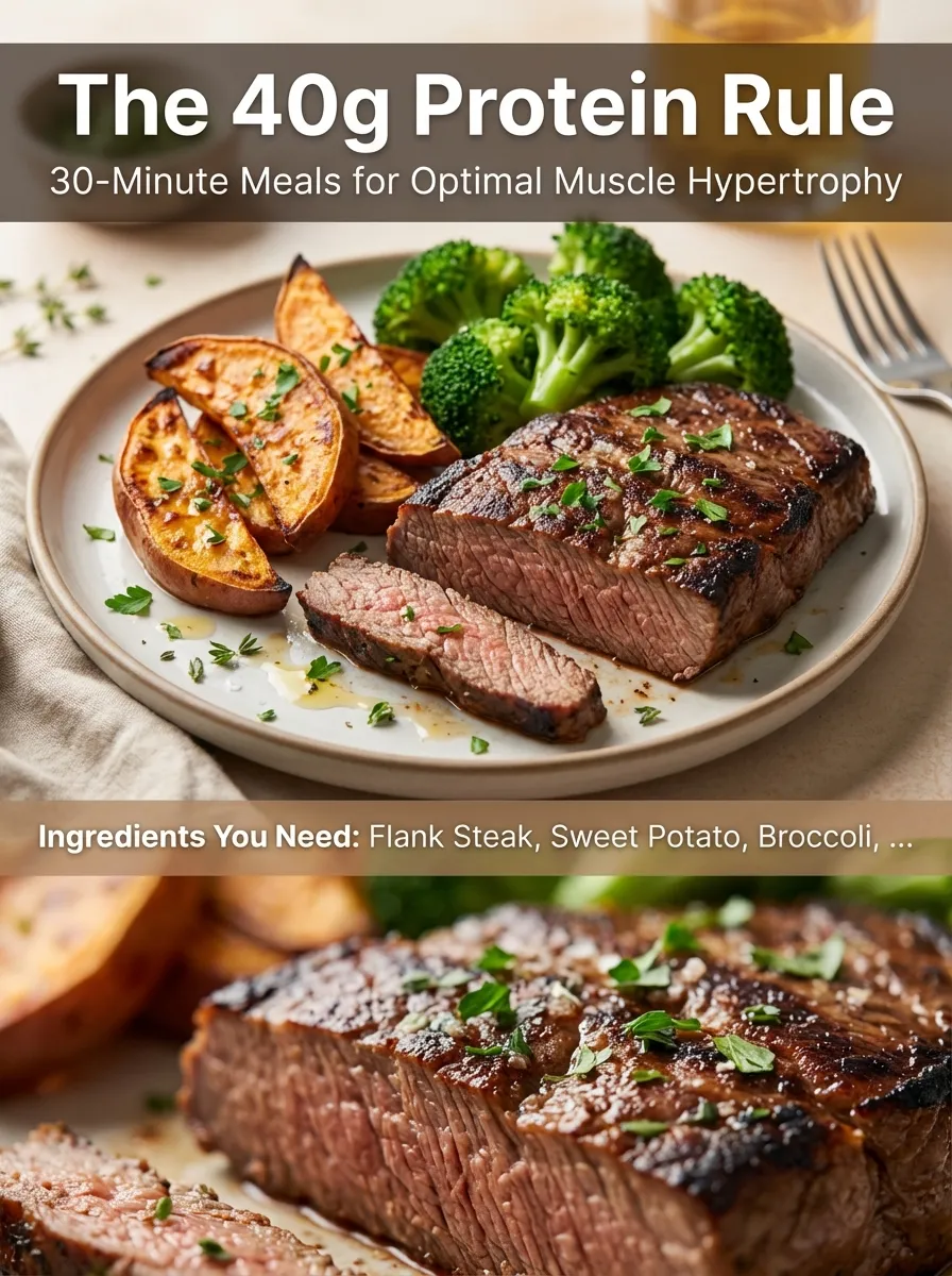 Pinterest pin for 40g Protein 30-Minute Meals featuring a seared steak and list of ingredients.