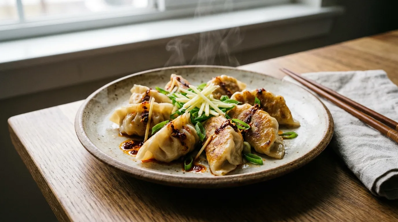 Macro photography of pan-seared cabbage dumplings showing crispy charred edges and juicy ground turkey filling.