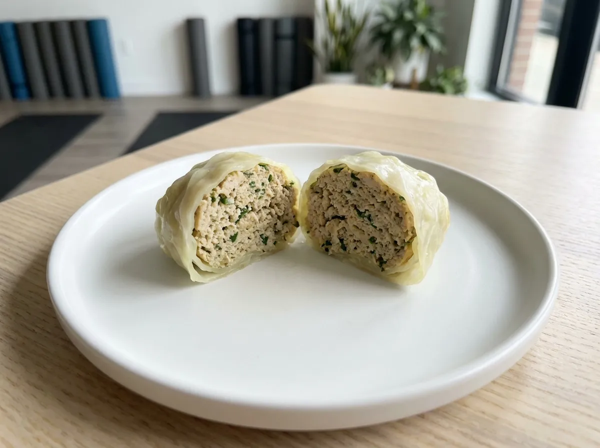 A cross-section of a cabbage dumpling revealing the dense, seasoned lean ground turkey core.