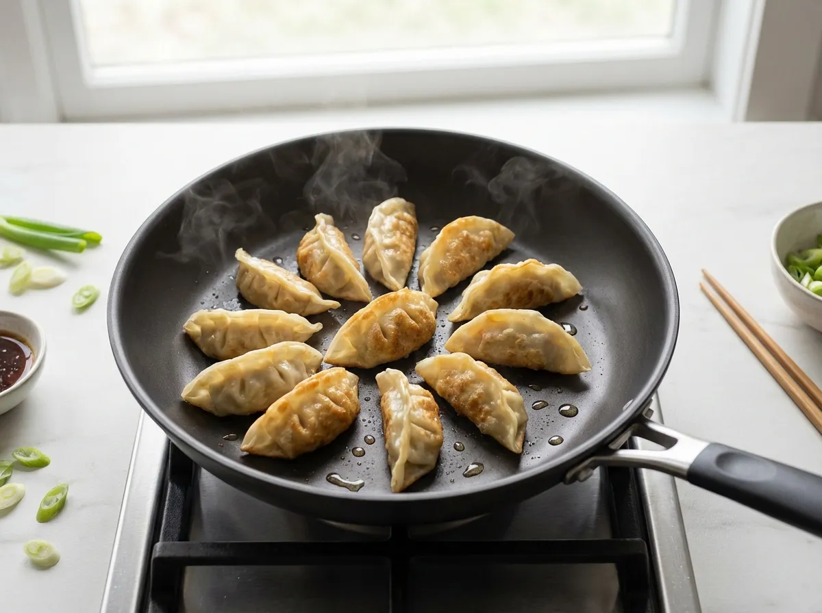 Cabbage dumplings flash-frying in a black non-stick skillet with visible steam and sizzling sesame oil.