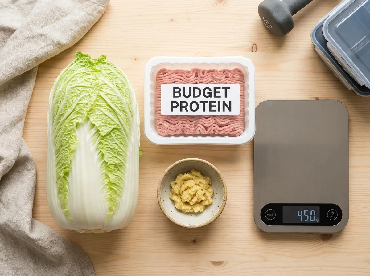Raw ingredients including a head of Napa cabbage, ground turkey, and ginger on a wooden board next to a digital food scale.