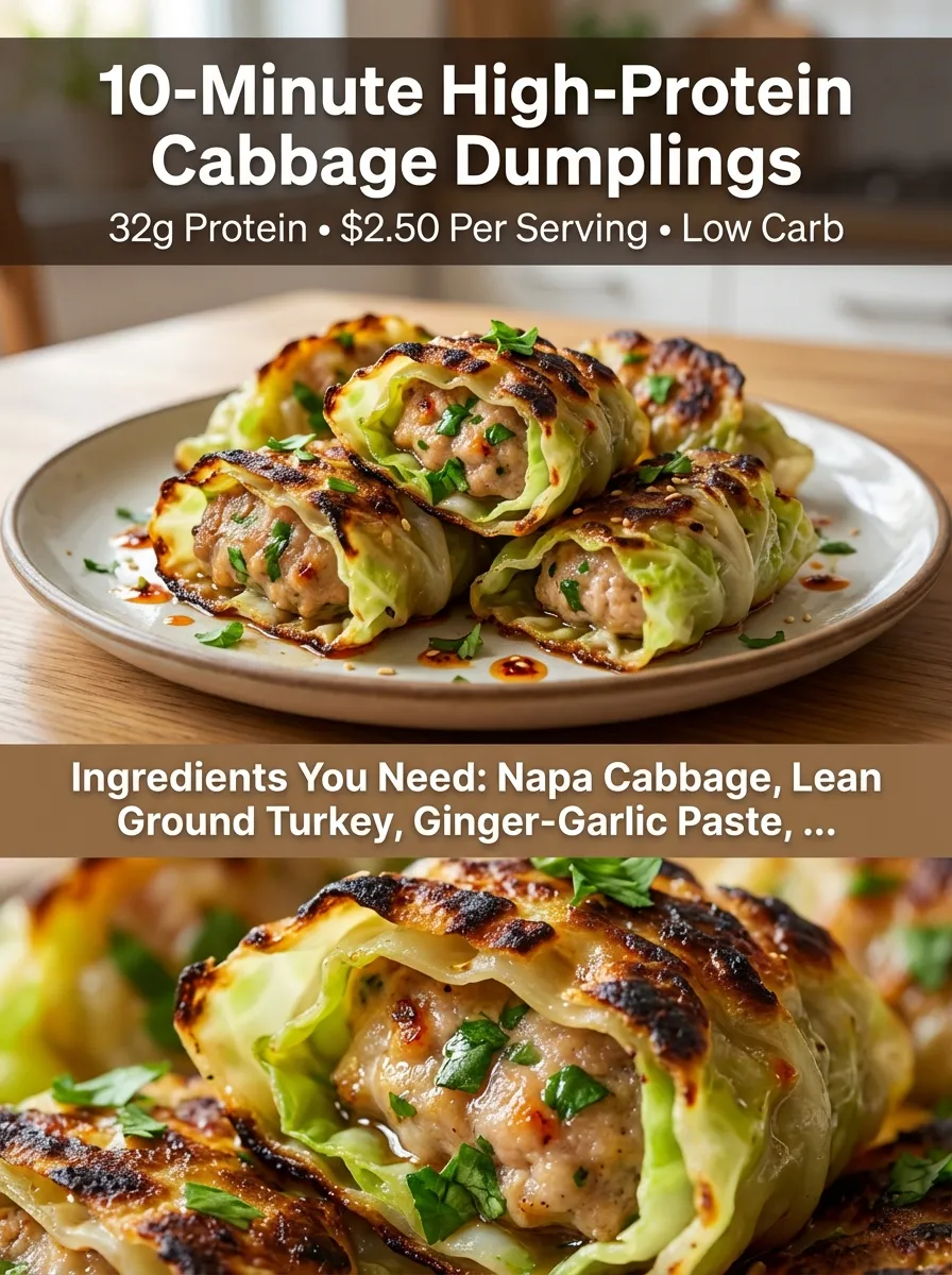 Vertical Pinterest pin for 10-minute high-protein cabbage dumplings recipe.