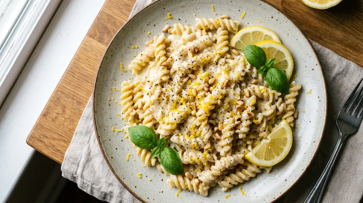 Close-up of creamy protein pasta al limone with lemon zest and cracked black pepper on a matte ceramic plate.