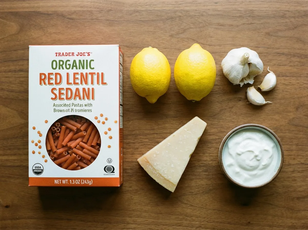 Top-down view of five budget ingredients: lentil pasta, fresh lemons, garlic cloves, parmesan cheese, and Greek yogurt.