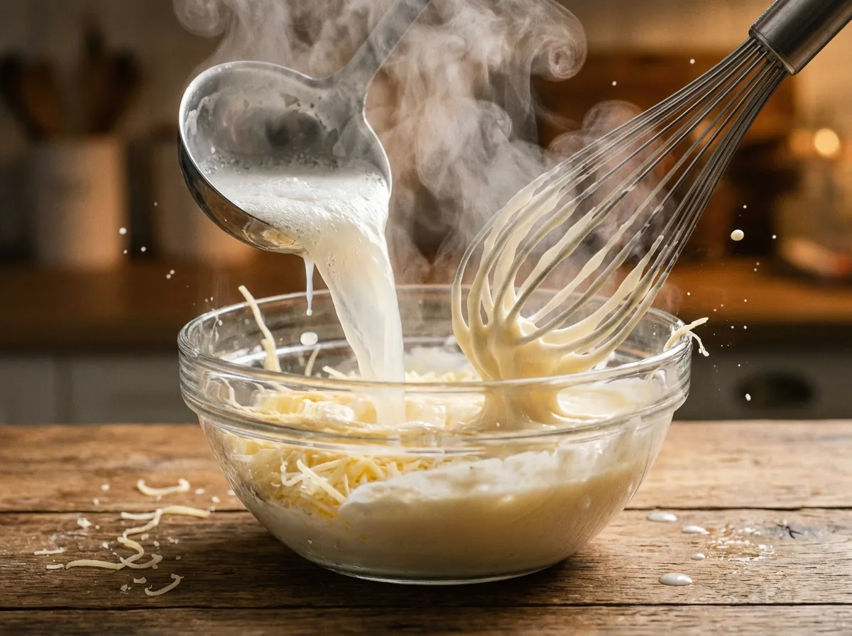 Action shot of whisking hot pasta water into a Greek yogurt and parmesan mixture to create a creamy sauce.