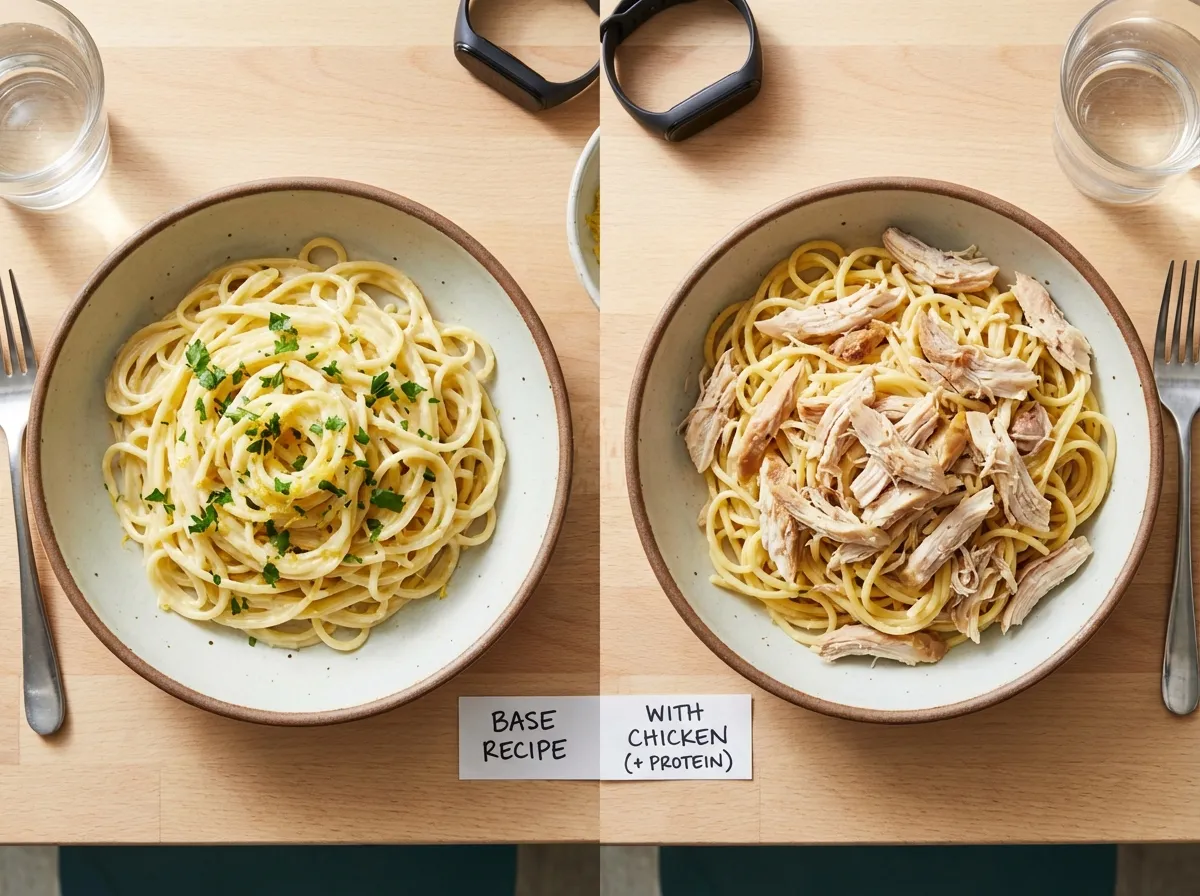 Two bowls of lemon pasta: one standard and one topped with shredded chicken for a high-calorie bulking variation.