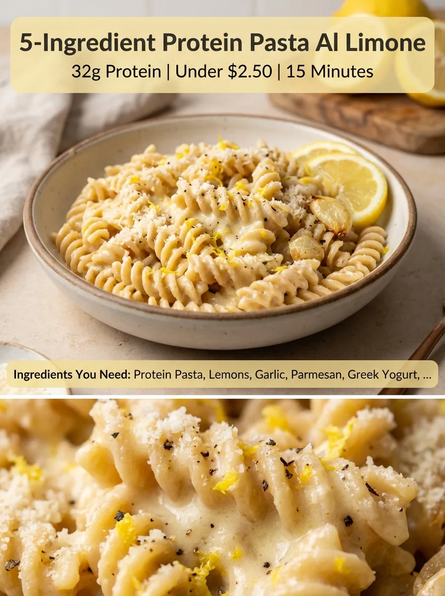 Pinterest pin for 5-Ingredient Protein Pasta Al Limone with nutritional stats and ingredient list.