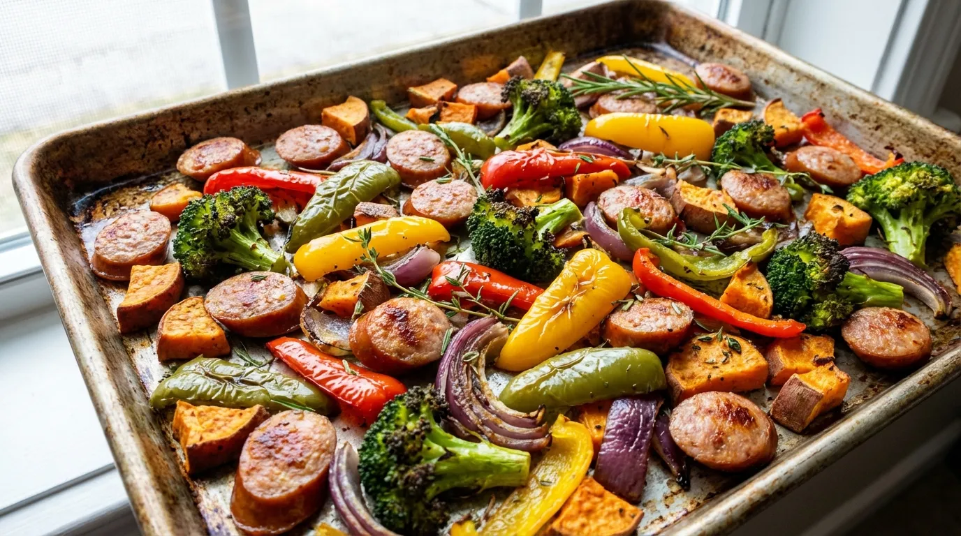 Close-up of roasted turkey sausage rounds and charred frozen broccoli on a sheet pan with vibrant bell peppers.