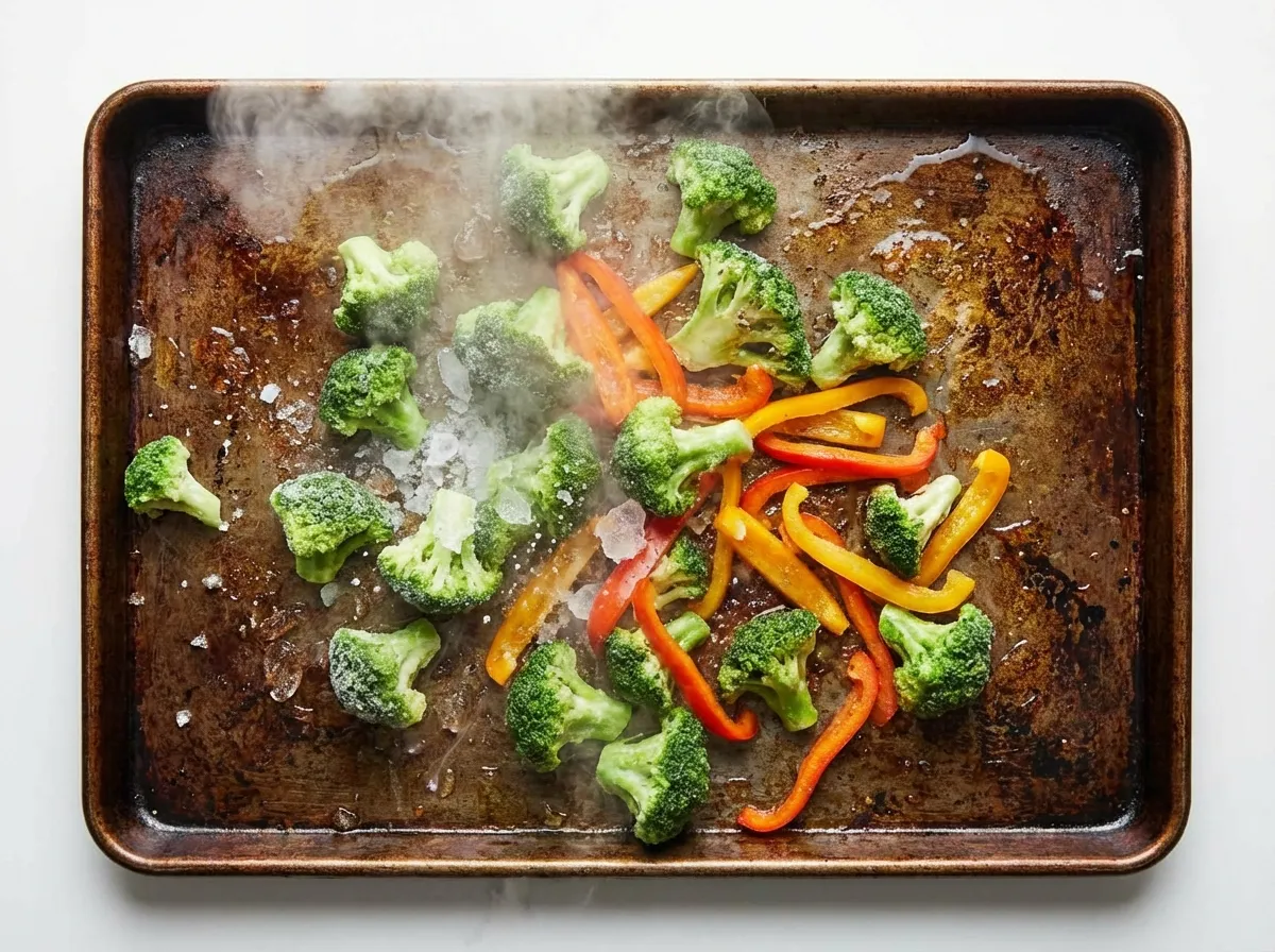 Frozen broccoli and bell peppers sizzling on a pre-heated heavy-duty metal sheet pan.