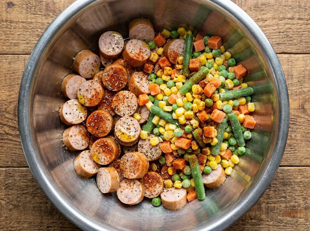 Sliced turkey sausage and frozen vegetables being tossed in a bowl with oil and spices.