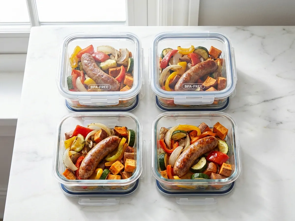 Four glass meal prep containers filled with roasted sausage and vegetables on a clean kitchen counter.