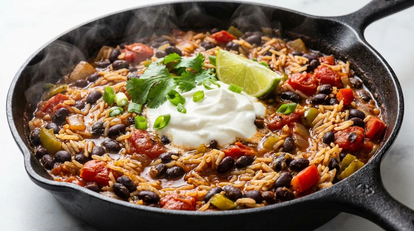 Extreme close-up of a high-protein black bean and rice skillet with a dollop of Greek yogurt and fresh herbs.