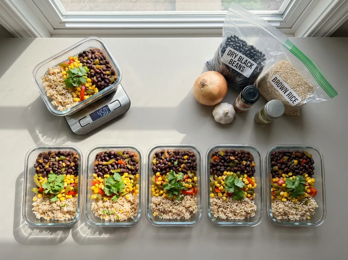 Glass meal prep containers filled with black bean and rice skillet portions next to a digital food scale.