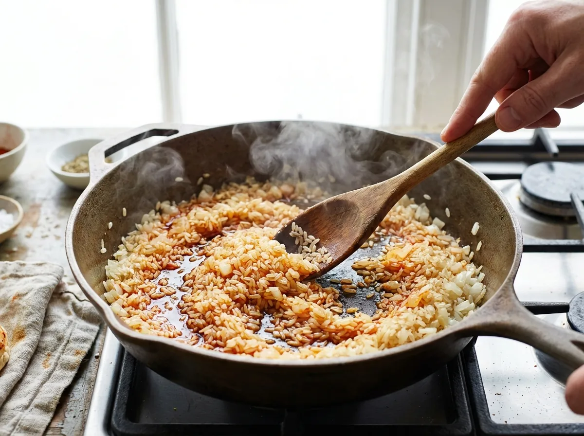 Close-up of parboiled rice being toasted in a cast iron skillet with onions and smoked paprika.