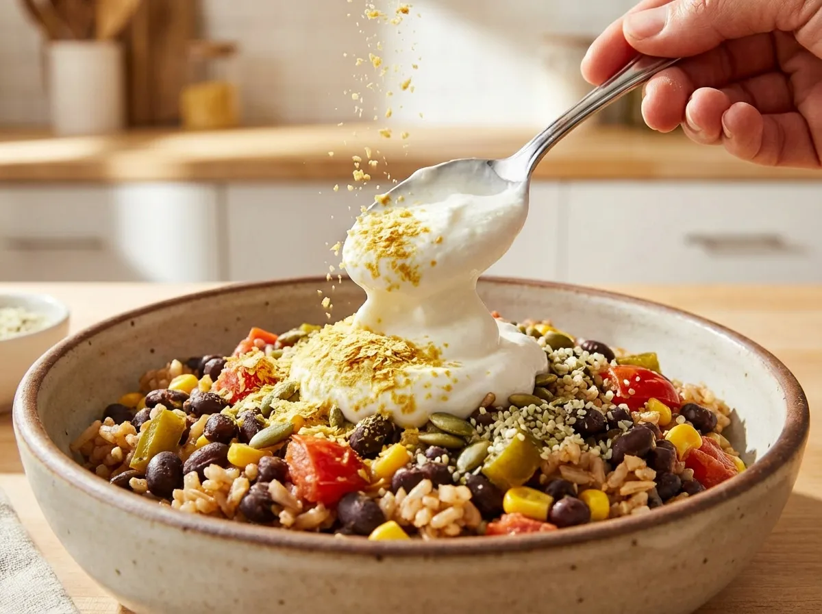 A hand sprinkling nutritional yeast over a bowl of bean and rice skillet with a side of Greek yogurt.