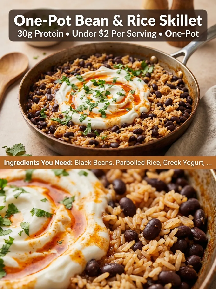 Pinterest pin for One-Pot Bean and Rice Protein Skillet with macro details and ingredient list.