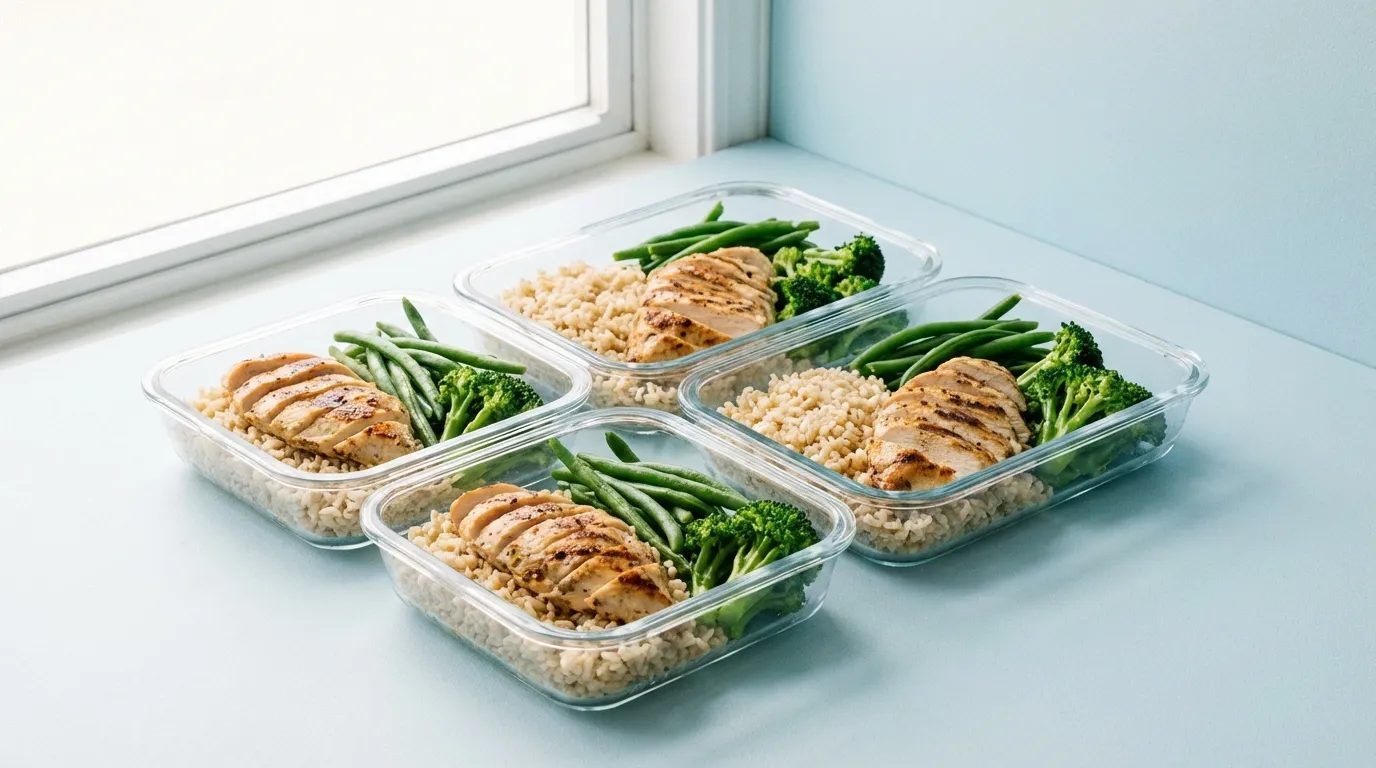 Top-down hero shot of five glass meal prep containers filled with glazed chicken, brown rice, and roasted broccoli on a pastel surface.