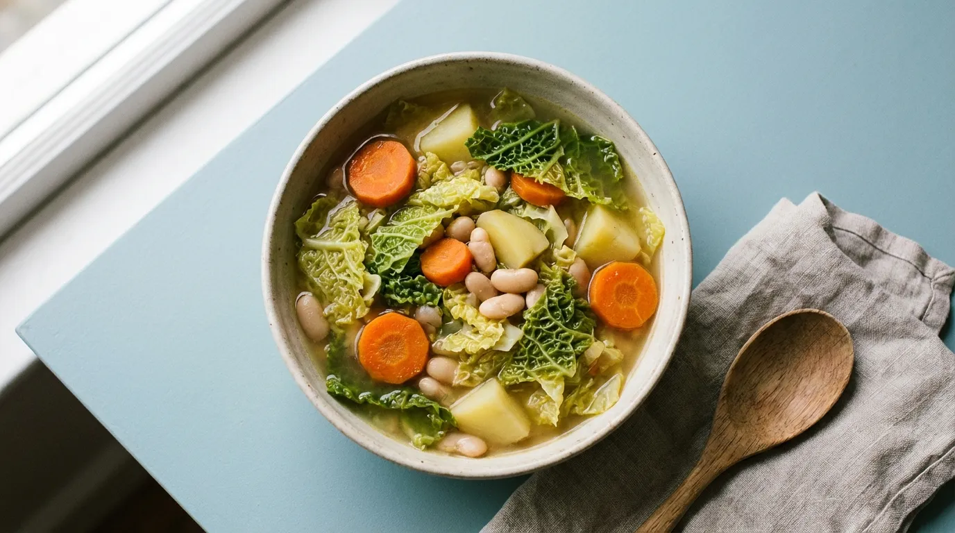 Top-down macro view of a bowl of high-fiber cabbage soup featuring tender-crisp cabbage and vibrant carrot coins in a savory broth.