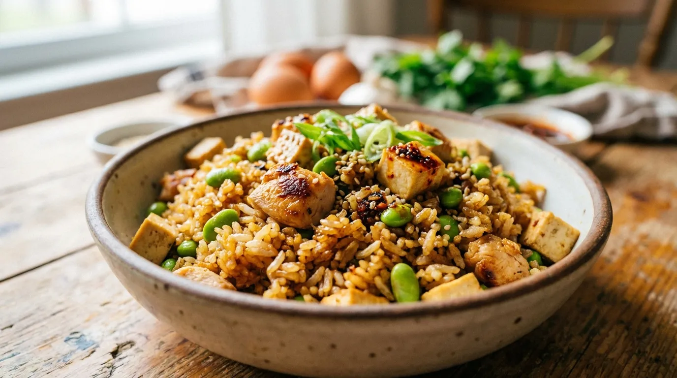 Close-up macro photography of high-protein fried rice featuring crispy seared grains, diced chicken, and vibrant vegetables in a matte bowl.