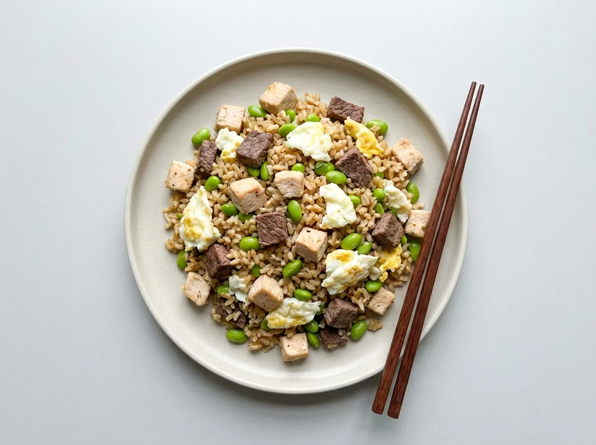 Top-down view of a plated high-protein fried rice meal with a focus on the 3:1 protein-to-carb ratio.