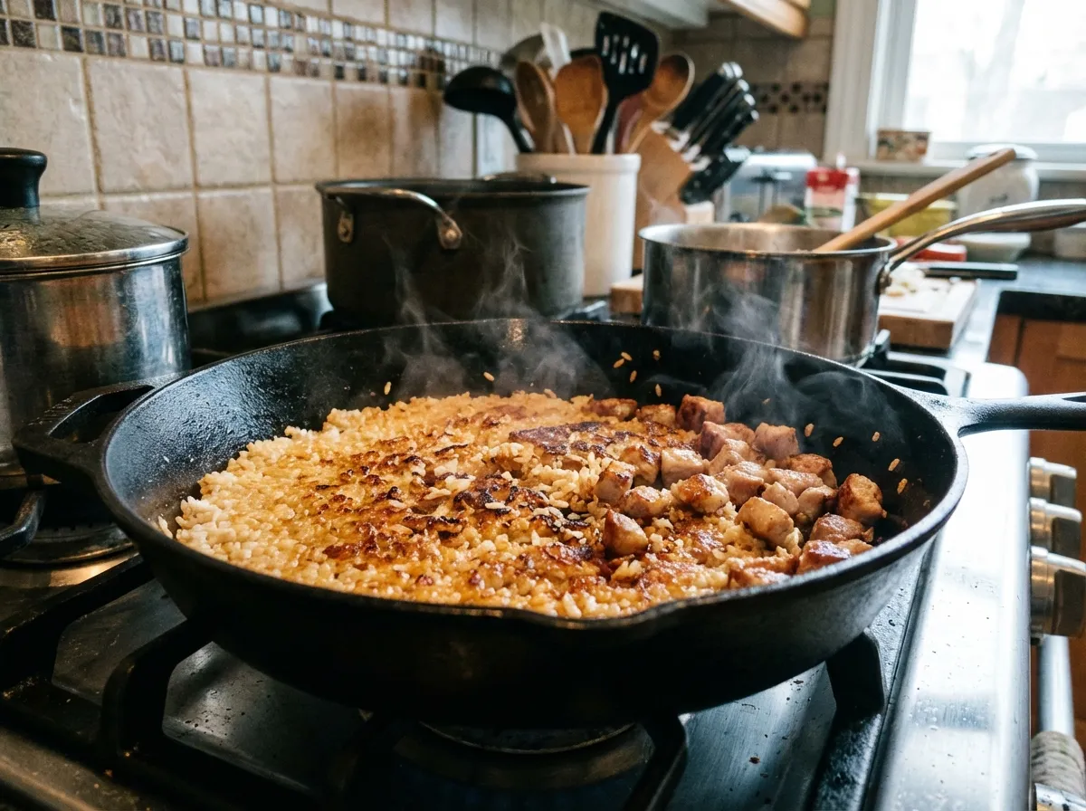Action shot of rice and protein being pressed into a flat skillet to achieve a crispy sear.