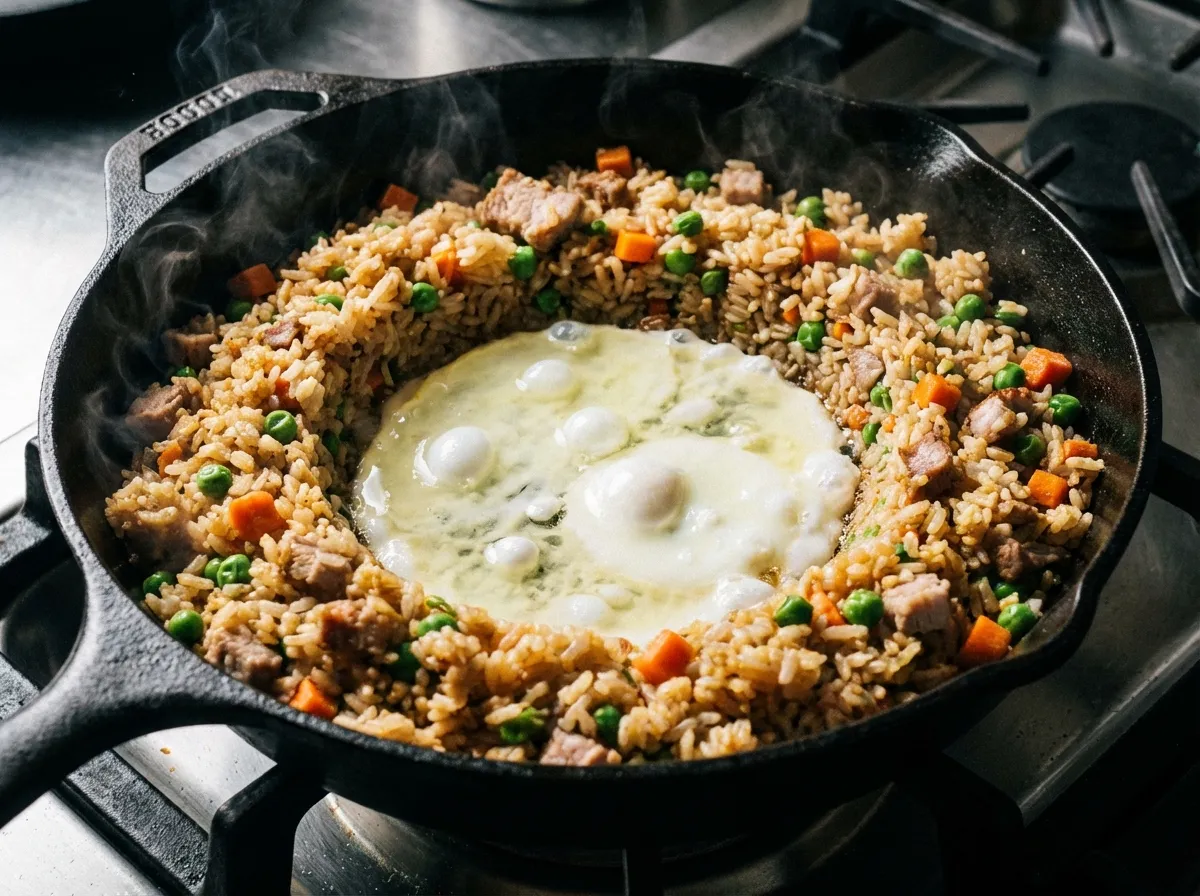 Visual showing the center-well method for cooking liquid egg whites within the fried rice skillet.