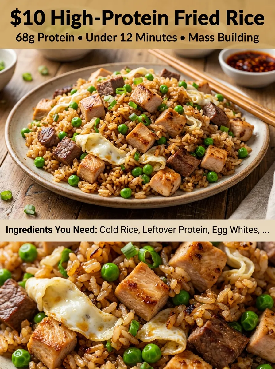 Pinterest graphic for $10 High-Protein Fried Rice with macro details and ingredient list.