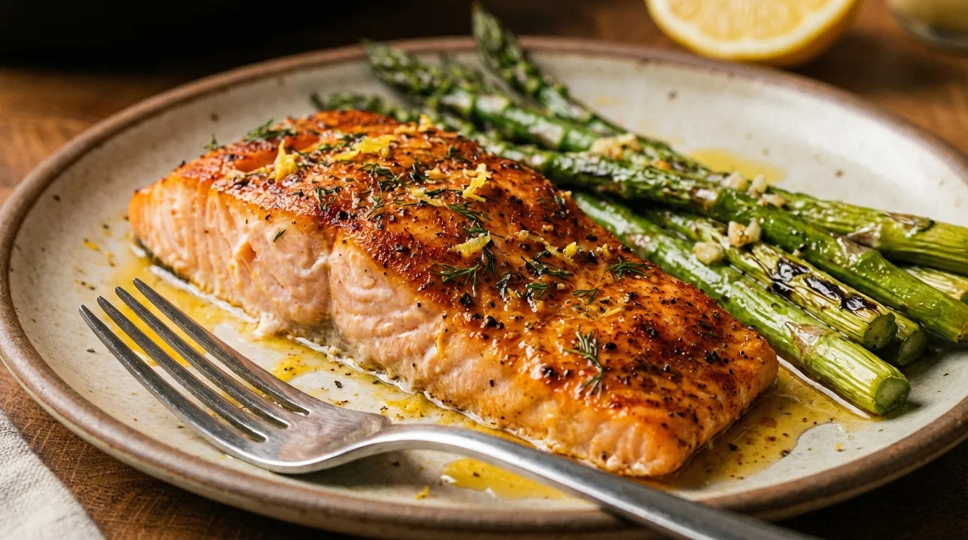 Extreme macro close-up of air-fried salmon with a garlic-paprika crust and charred asparagus tips.