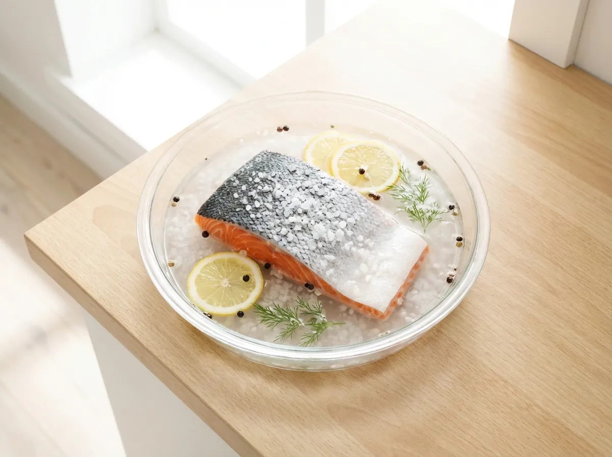 A raw salmon fillet submerged in a salt water brine in a glass dish.