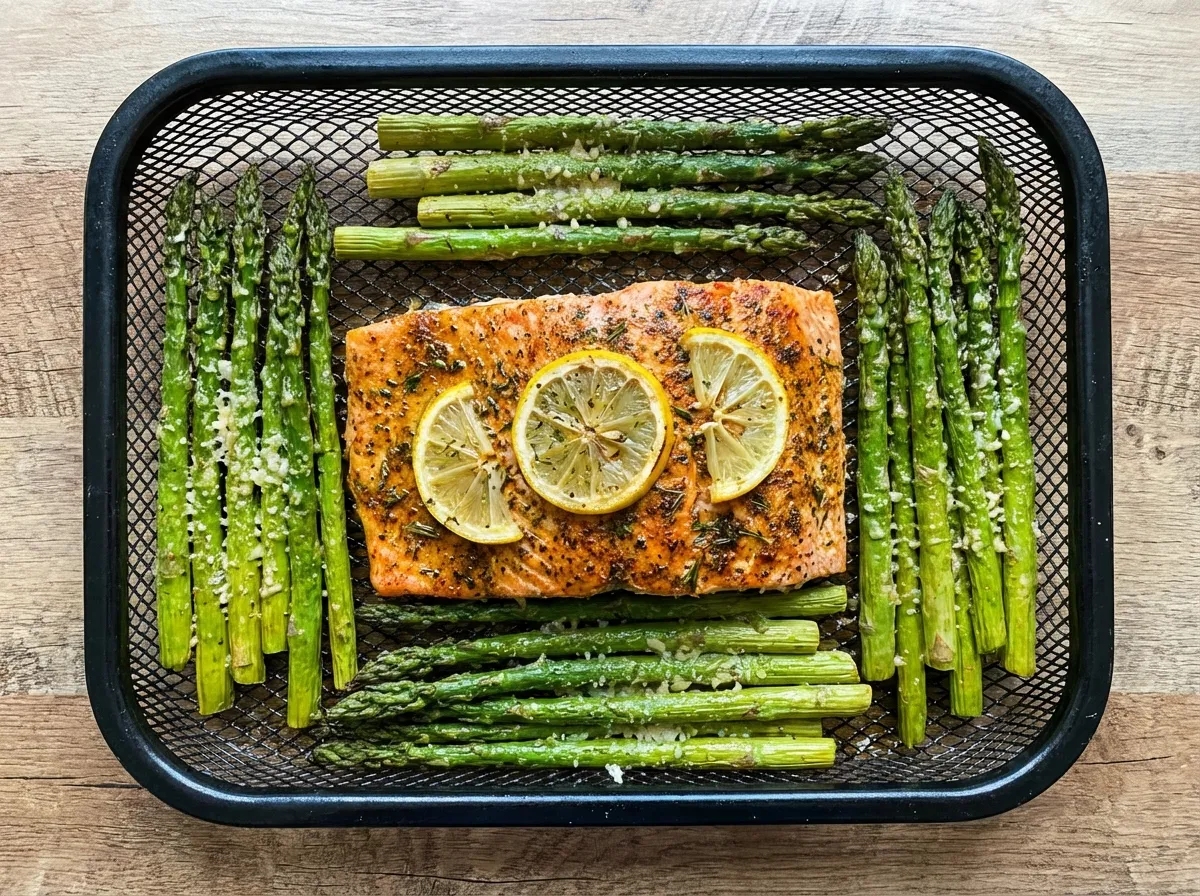 Overhead view of an air fryer basket with salmon in the center and asparagus arranged around the edges.