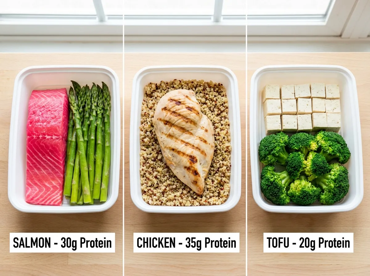 A side-by-side comparison layout of raw salmon, chicken breast, and tofu on a clean kitchen counter.