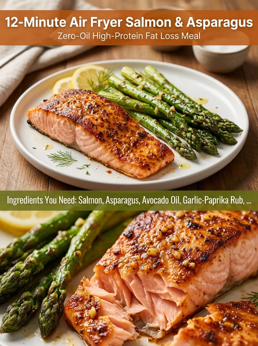 Vertical Pinterest pin for 12-Minute Air Fryer Salmon and Asparagus with macro breakdown.