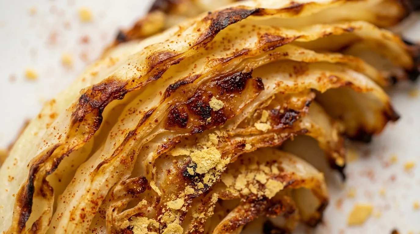 Close-up of crispy air fryer cabbage steaks with charred edges and golden-brown seasoning on a white plate.