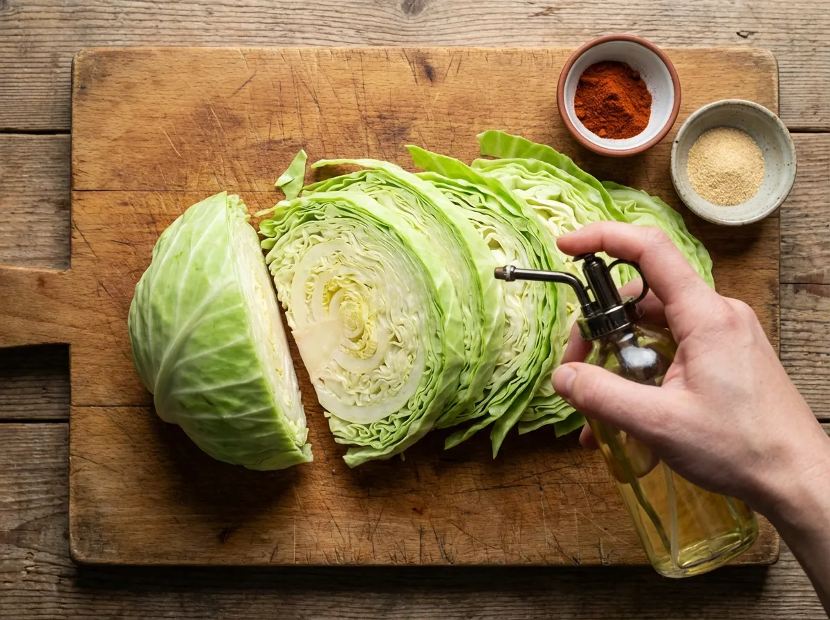 Top-down view of raw one-inch thick cabbage slices on a wooden cutting board being seasoned with red spices.