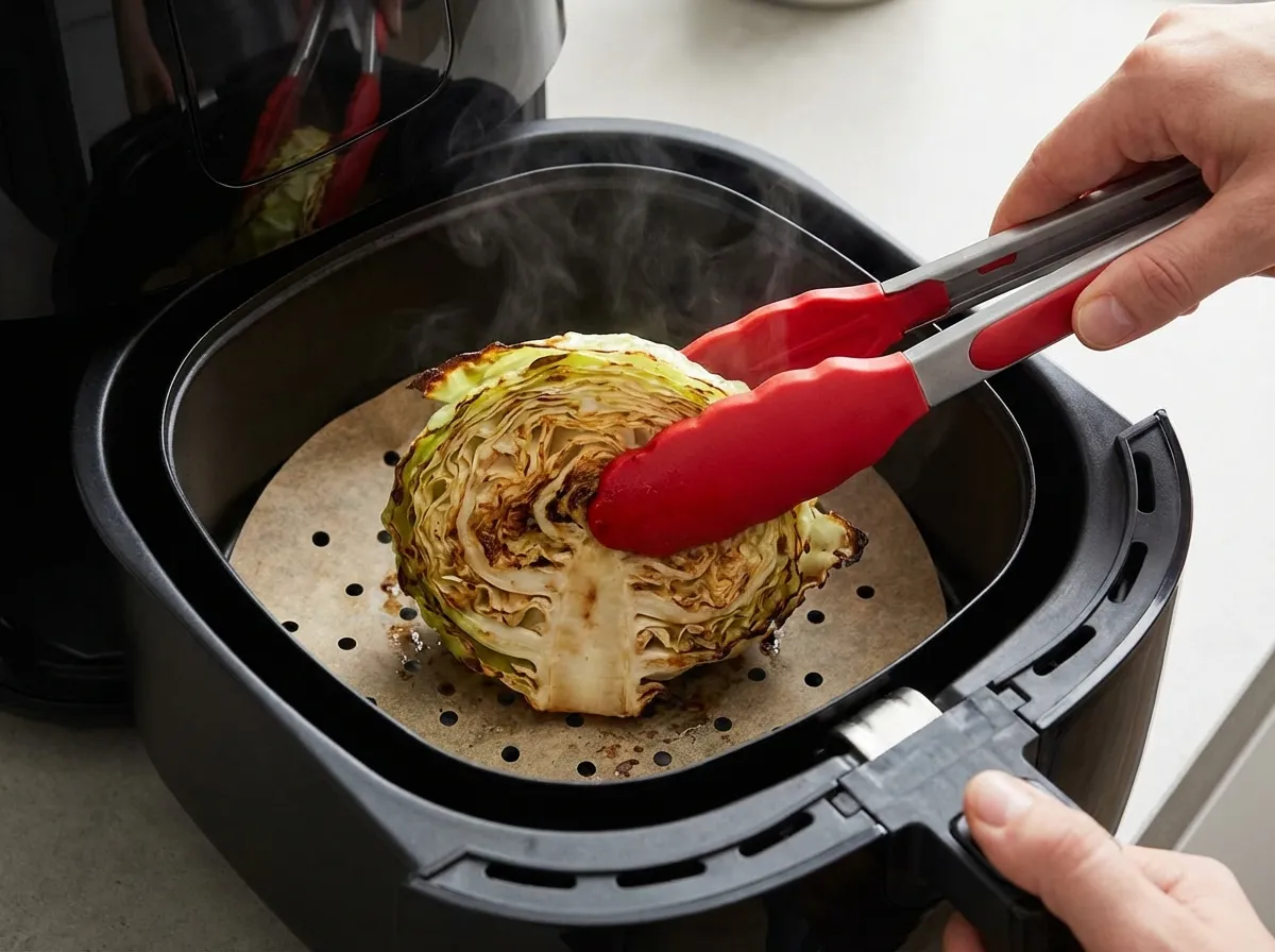 Cabbage steaks inside an air fryer basket on perforated parchment paper during the flipping process.