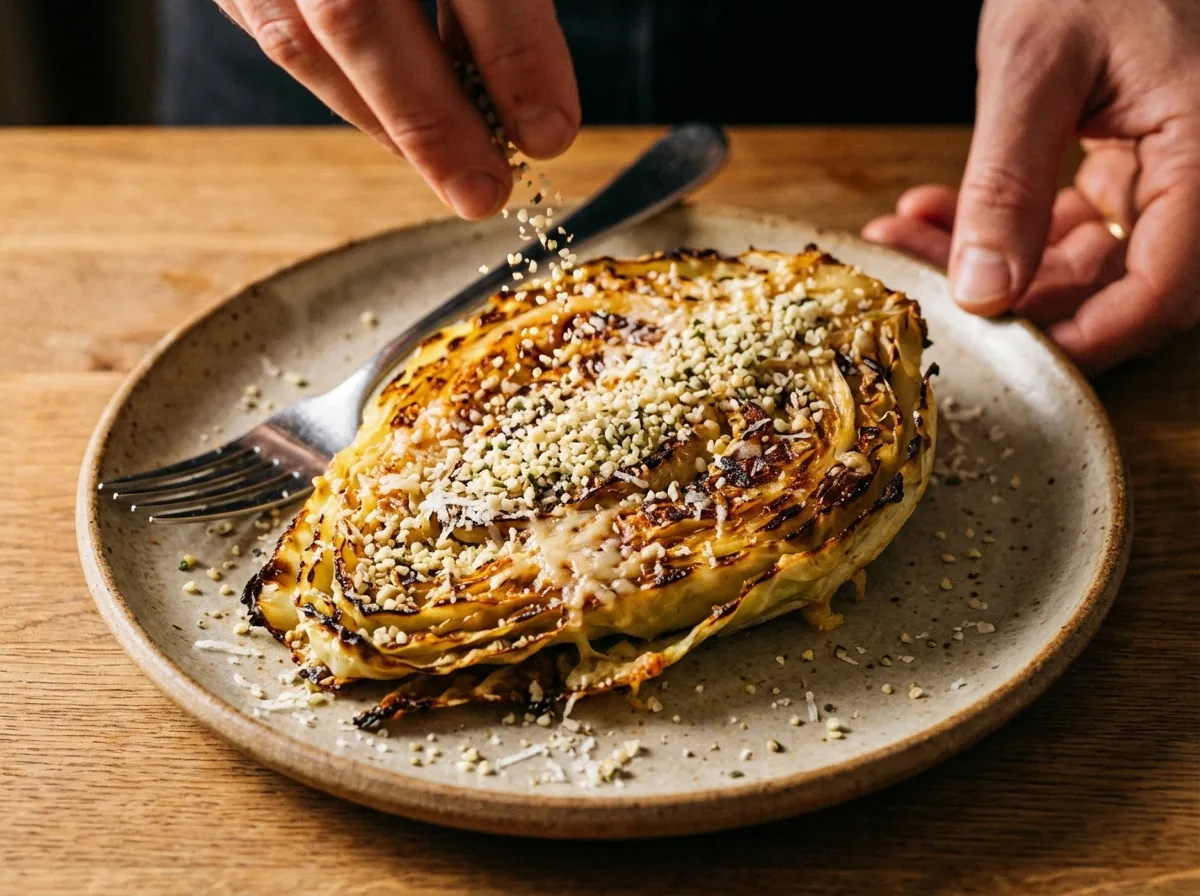 Close-up of air fryer cabbage steaks being garnished with hemp hearts and grated parmesan cheese.