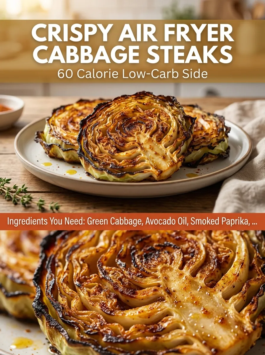 Pinterest pin for Crispy Air Fryer Cabbage Steaks showing ingredients and finished plated meal.