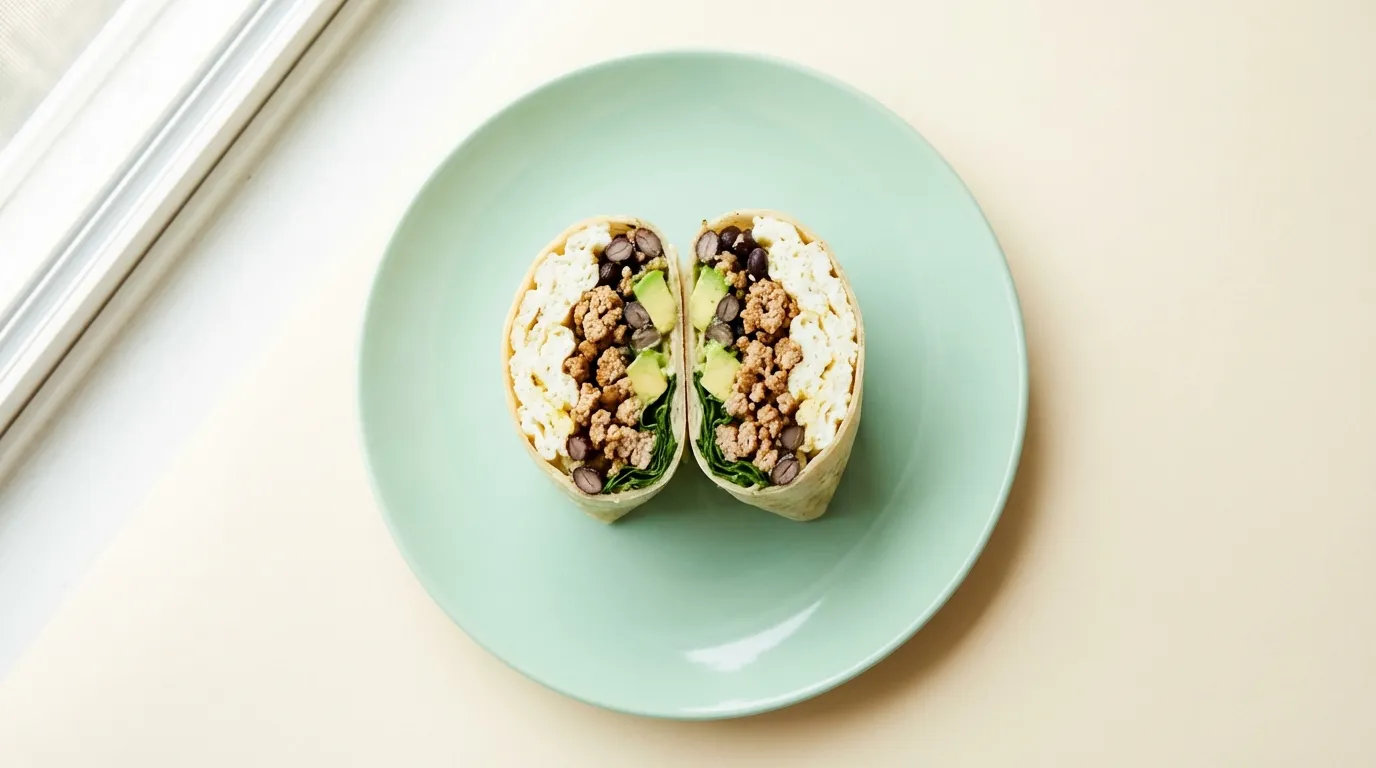 A macro top-down view of a sliced freezer-friendly breakfast burrito showing layers of fluffy egg whites, seasoned turkey, and melted cheese.