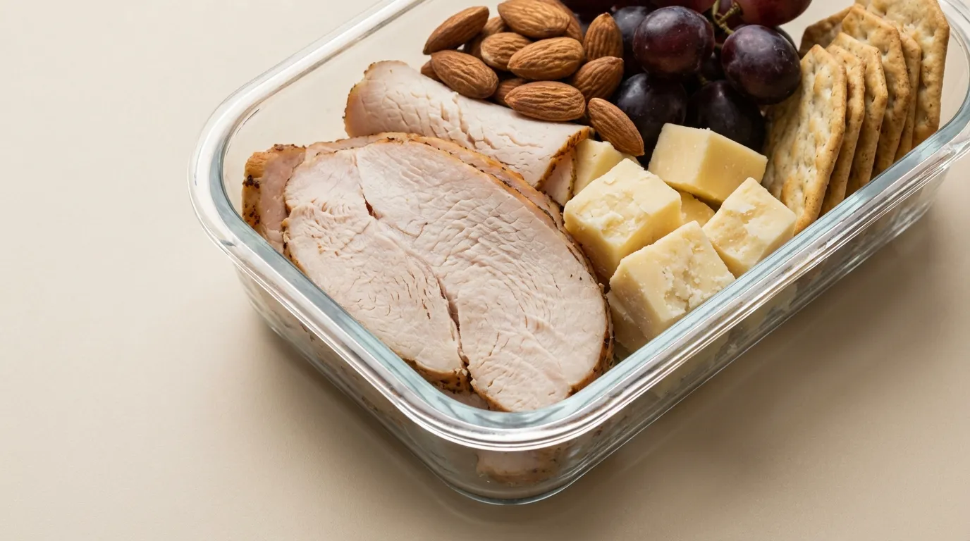 Top-down macro view of a high-protein snack box featuring rolled deli turkey, sliced cucumbers, and raw almonds on a soft pastel surface.